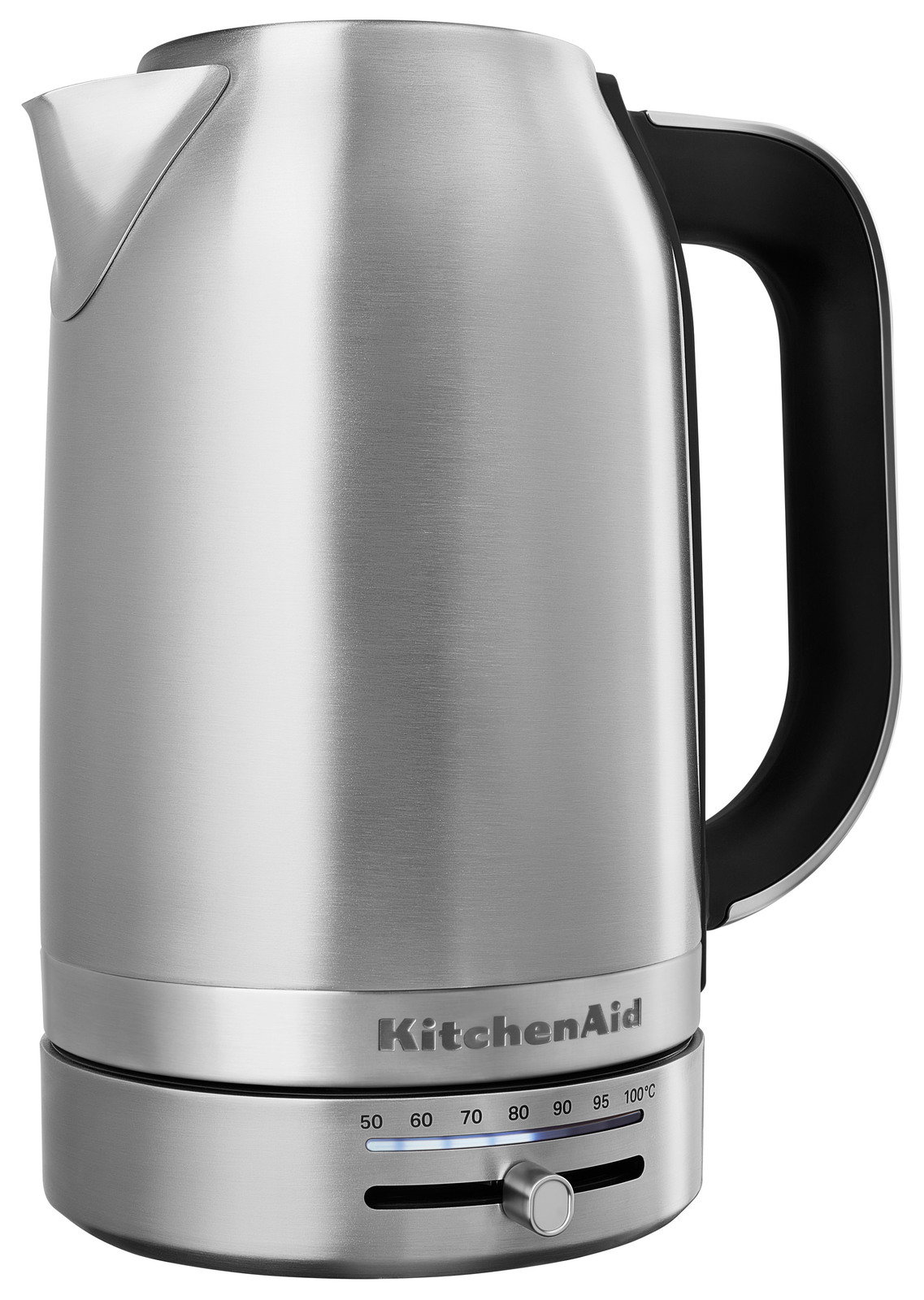 Silberner Wasserkocher mit Temperaturanzeige und schwarzem Griff, seitliche Perspektive