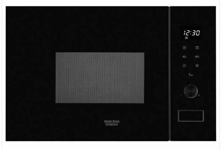 Schwarze Einbaumikrowelle mit digitaler Anzeige und Bedienfeld, Frontansicht
