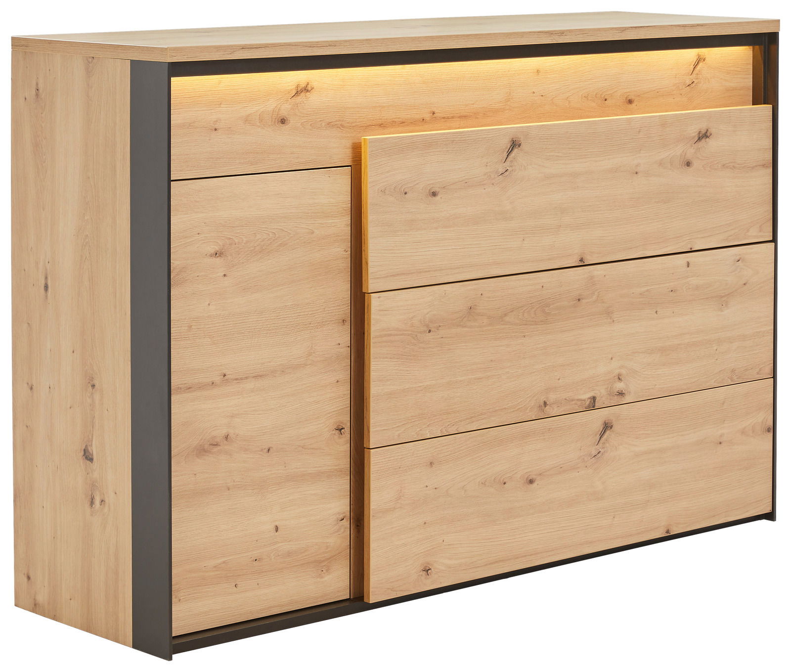 Hom´in Kommode Kommode aus hellem Holz mit drei Schubladen und einer Tür, seitliche Perspektive, mit integrierter Beleuchtung oben.
