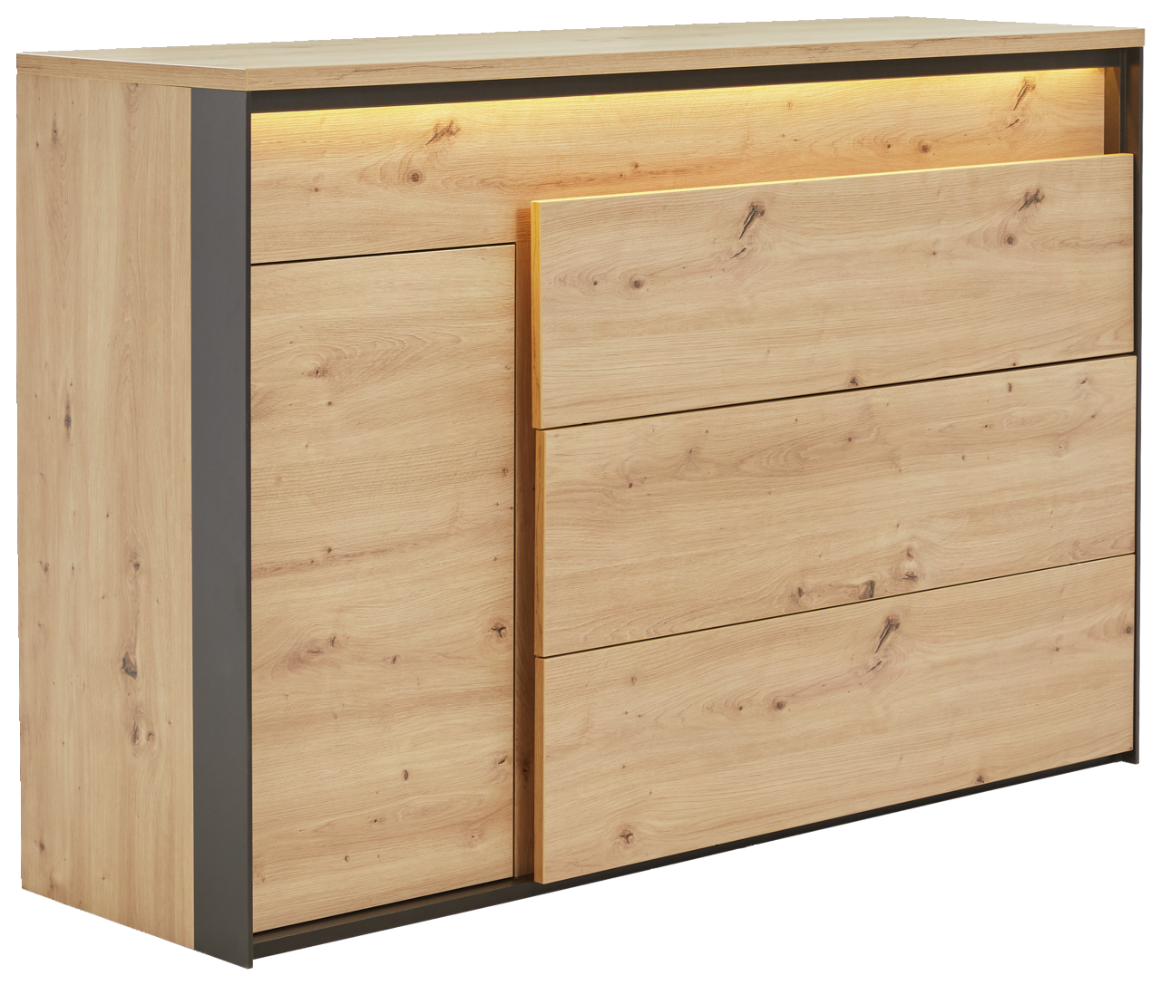 Hom´in Kommode Kommode aus hellem Holz mit drei Schubladen und einer Tür, seitliche Perspektive, mit integrierter Beleuchtung oben.