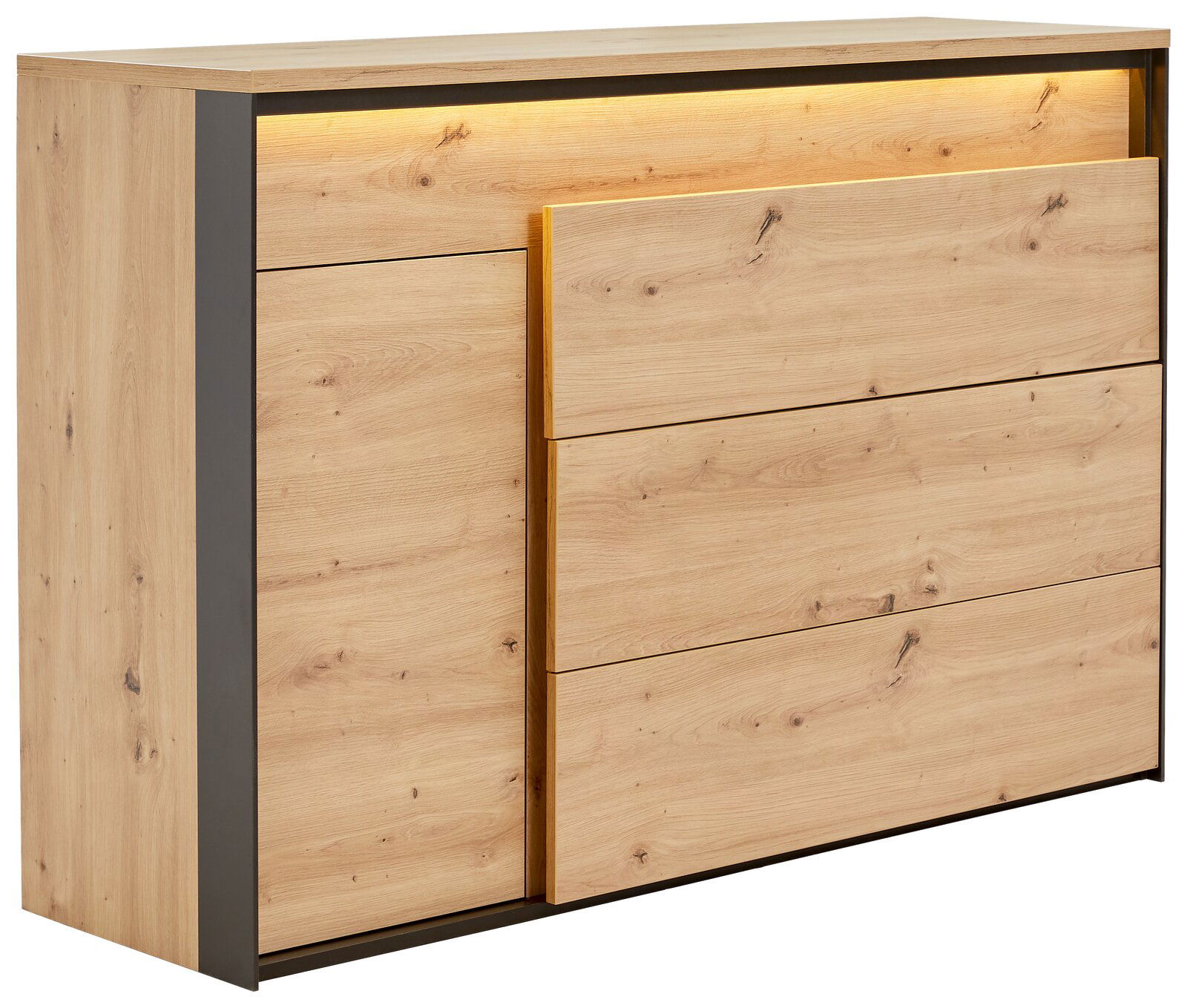 Hom´in Kommode Kommode aus hellem Holz mit drei Schubladen und einer Tür, seitliche Perspektive, mit integrierter Beleuchtung oben.