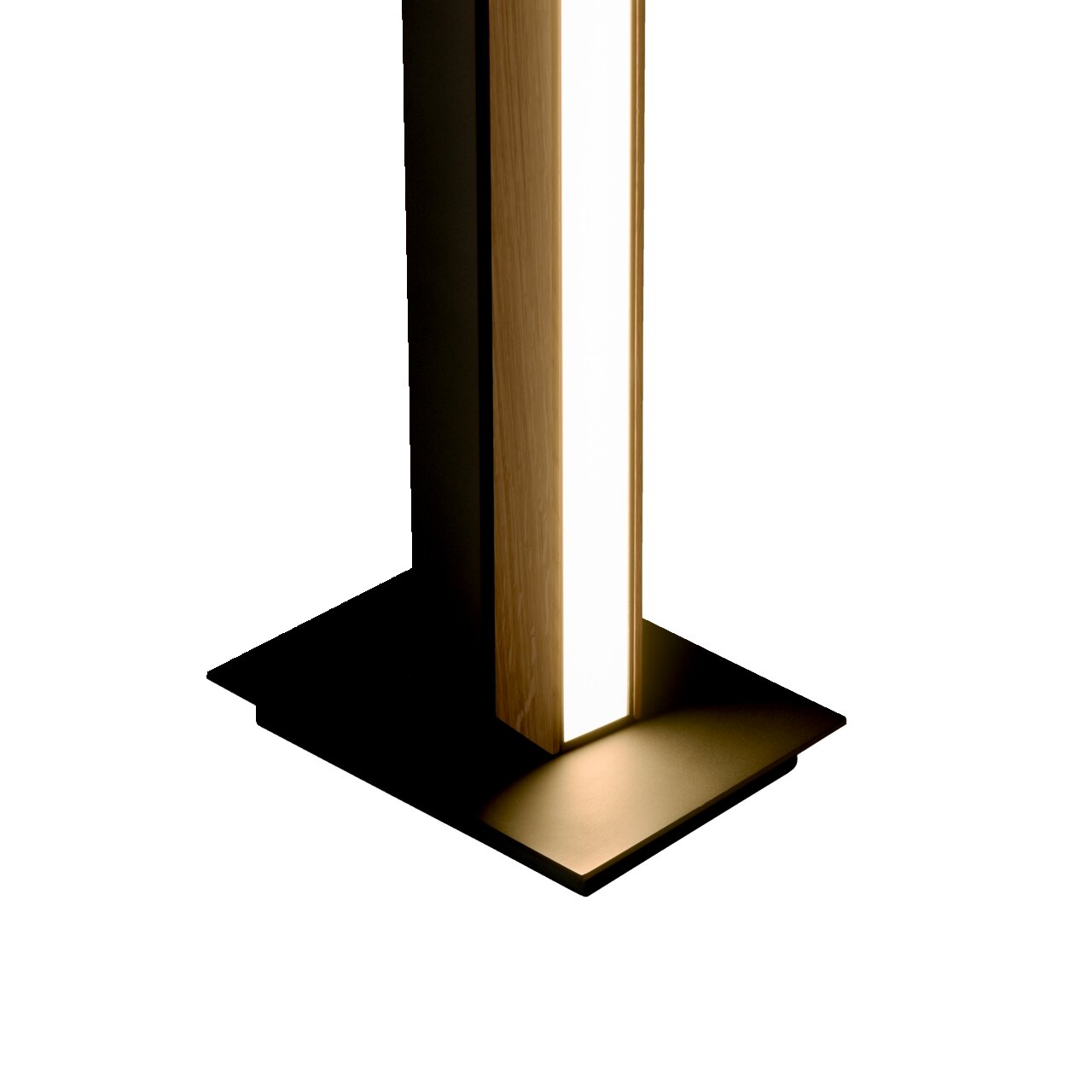 Nahaufnahme der Stehleuchte PURE-LINES mit modernem Design, Holz- und Metallelementen, seitliche Perspektive.