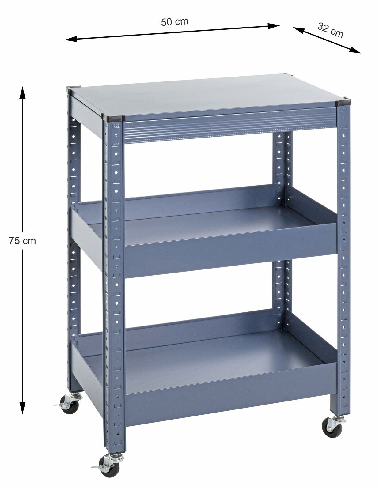 Blauer Servierwagen mit drei Ebenen und Rollen, seitliche Perspektive, Maße 50 cm x 32 cm x 75 cm