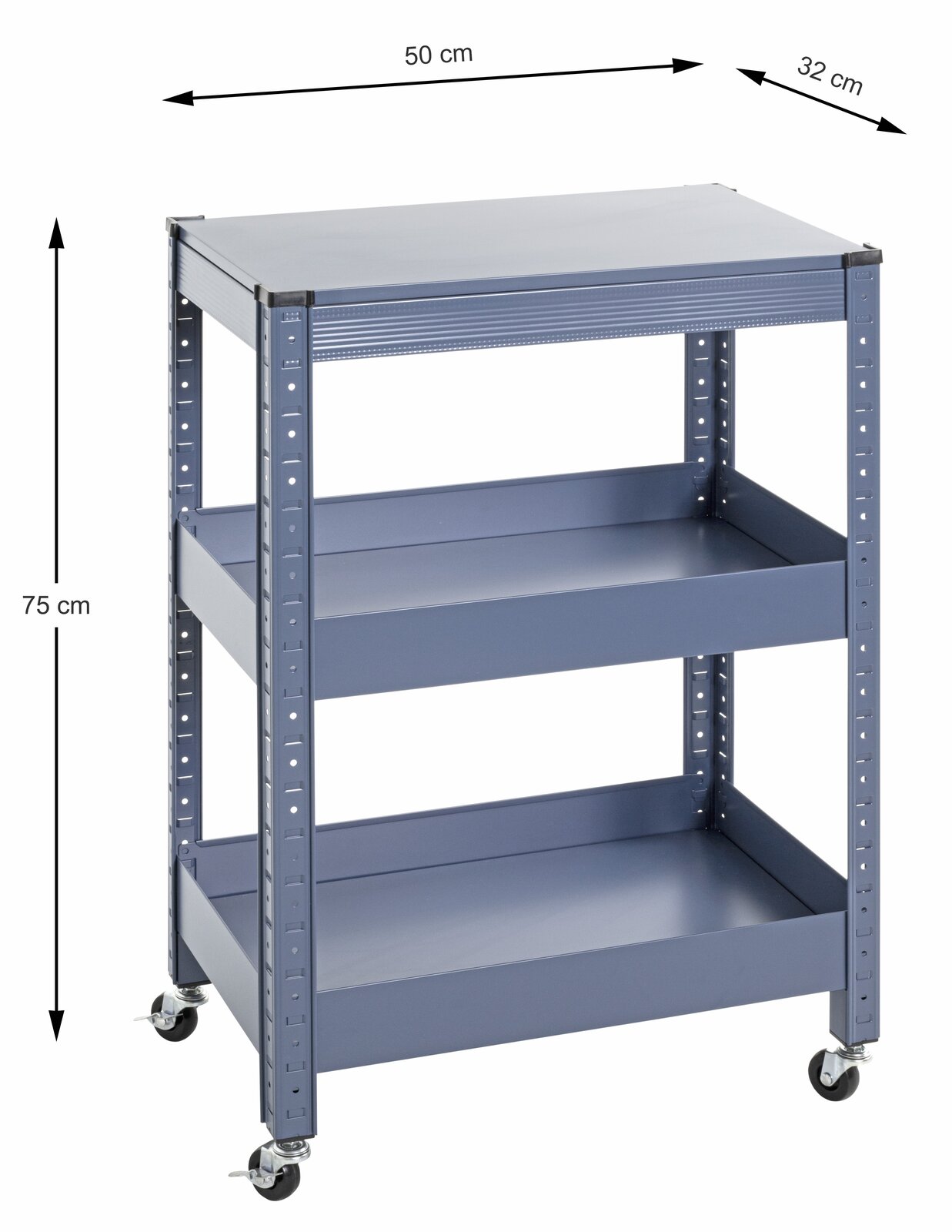 Blauer Servierwagen mit drei Ebenen und Rollen, seitliche Perspektive, Maße 50 cm x 32 cm x 75 cm