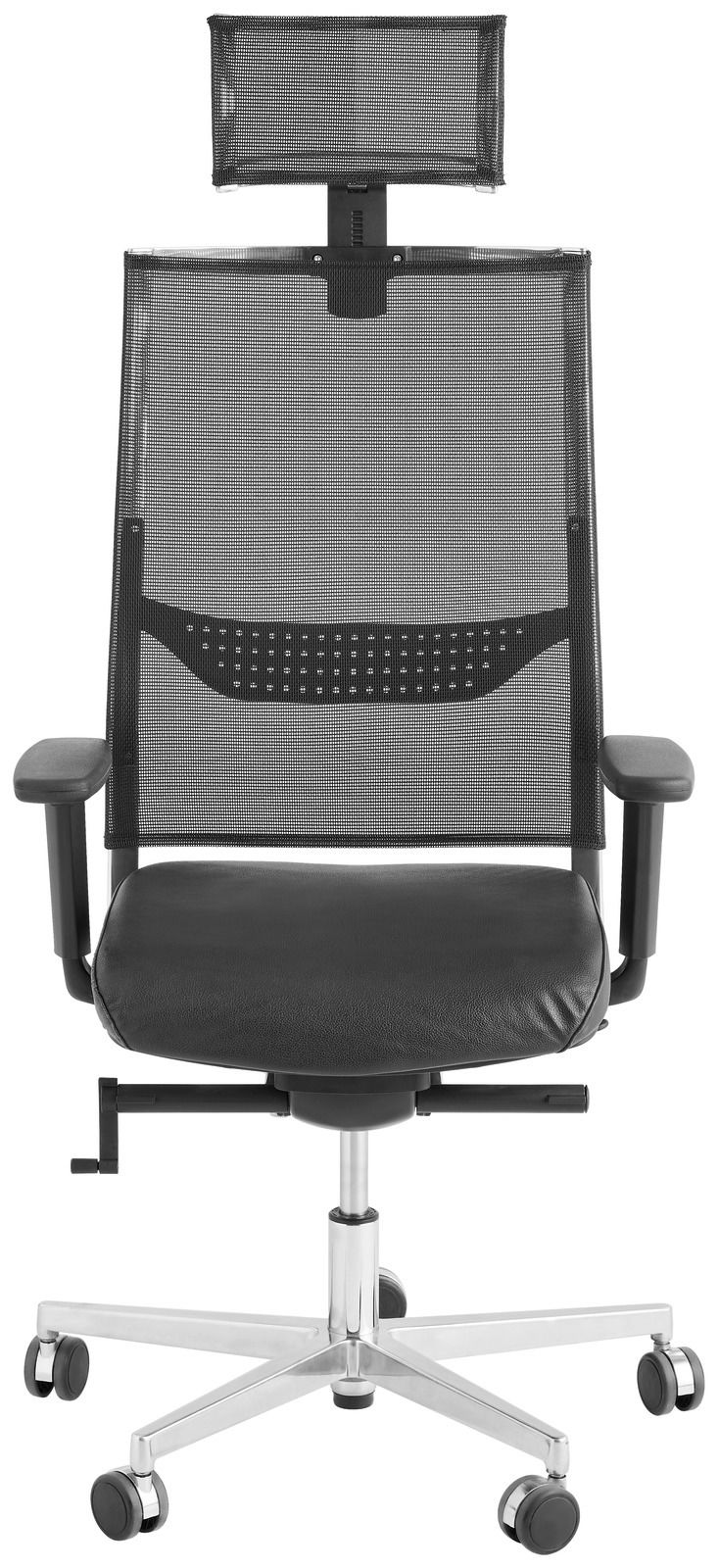 Moderner Bürostuhl mit Netzrückenlehne und Kopfstütze, Frontalansicht