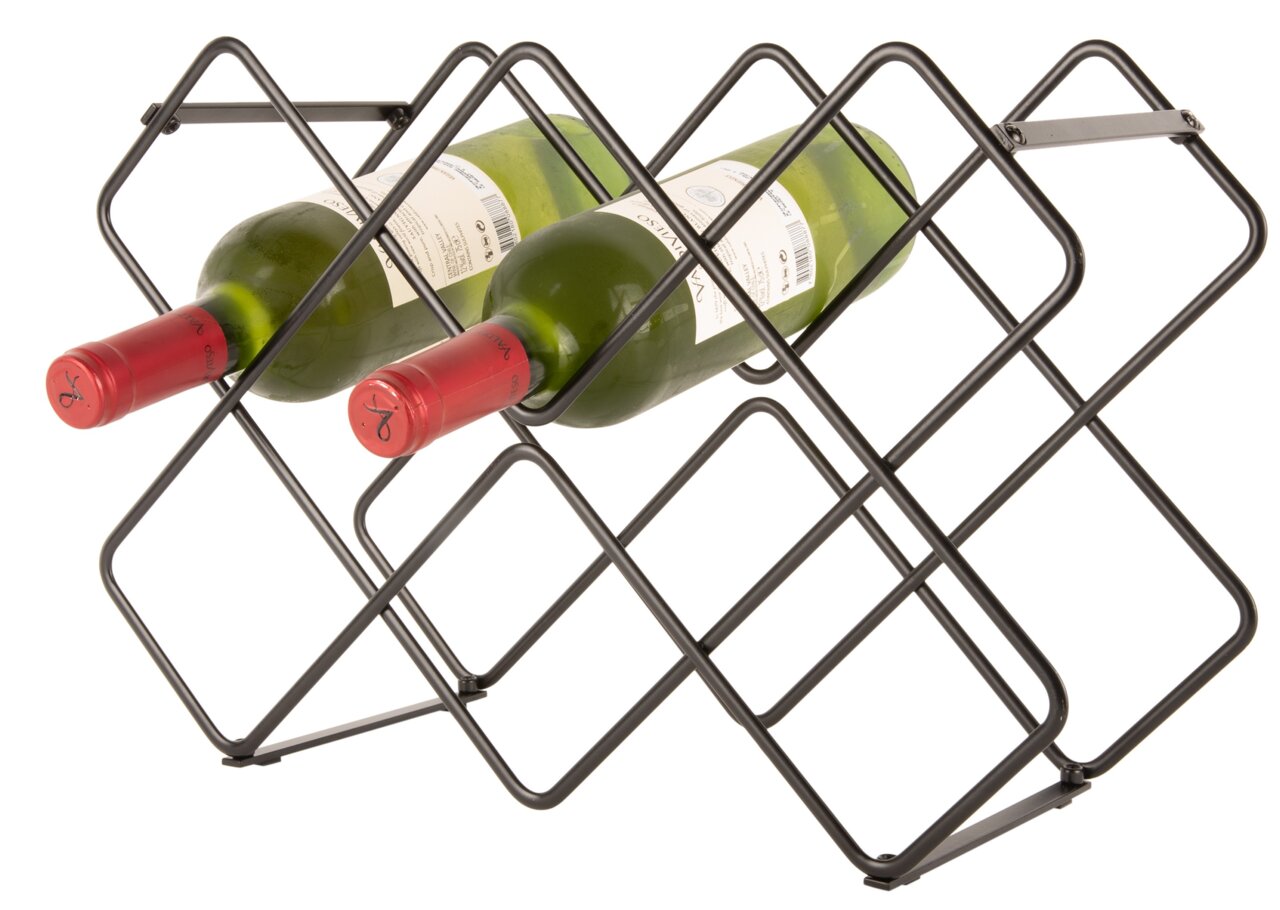 Schwarzes Weinregal aus Metall mit zwei liegenden Weinflaschen, seitliche Perspektive