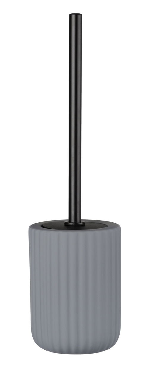 Keramik WC-Garnitur Belluno in Grau, frontal abgebildet mit geriffeltem Design und schwarzem Griff.