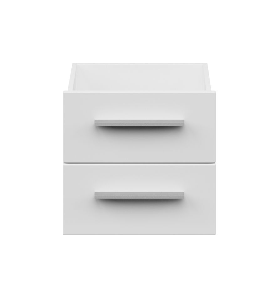 Frontansicht eines schmalen Schubladen-Sets mit zwei weißen Schubladen und silbernen Griffen.