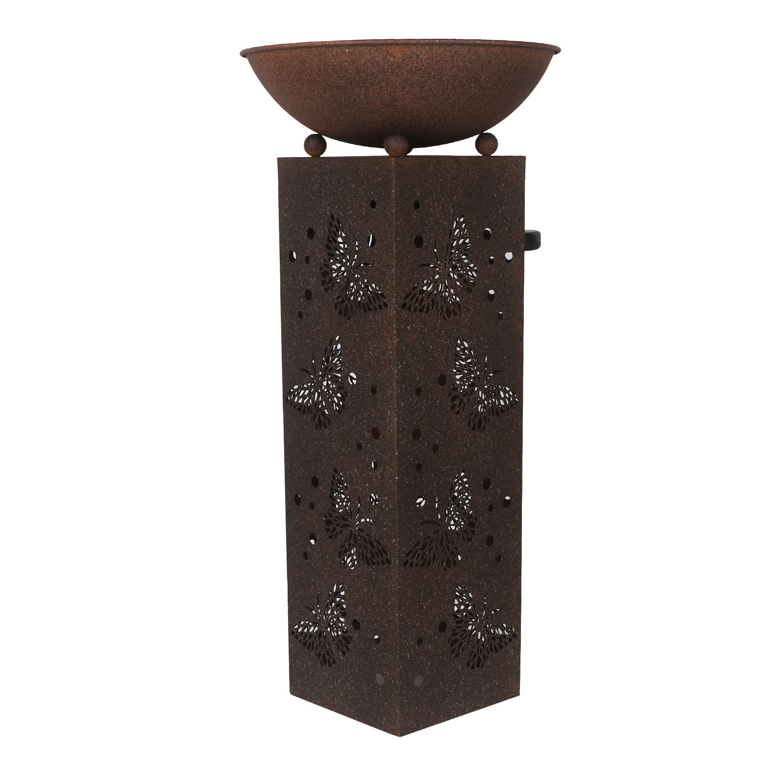 Rostfarbene Solarleuchte mit Schmetterlingsmuster, seitliche Perspektive