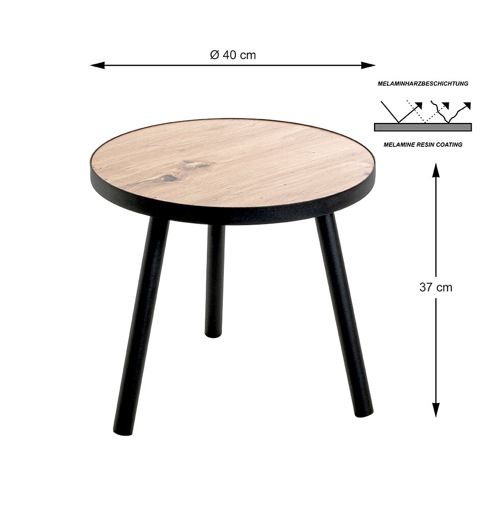 Runder Beistelltisch mit Holzoptik-Tischplatte (Melaminharzbeschichtung) und schwarzen, schräg stehenden Beinen; Ø 40 cm, Höhe 37 cm, freigestellt in leicht schräger Vorderansicht