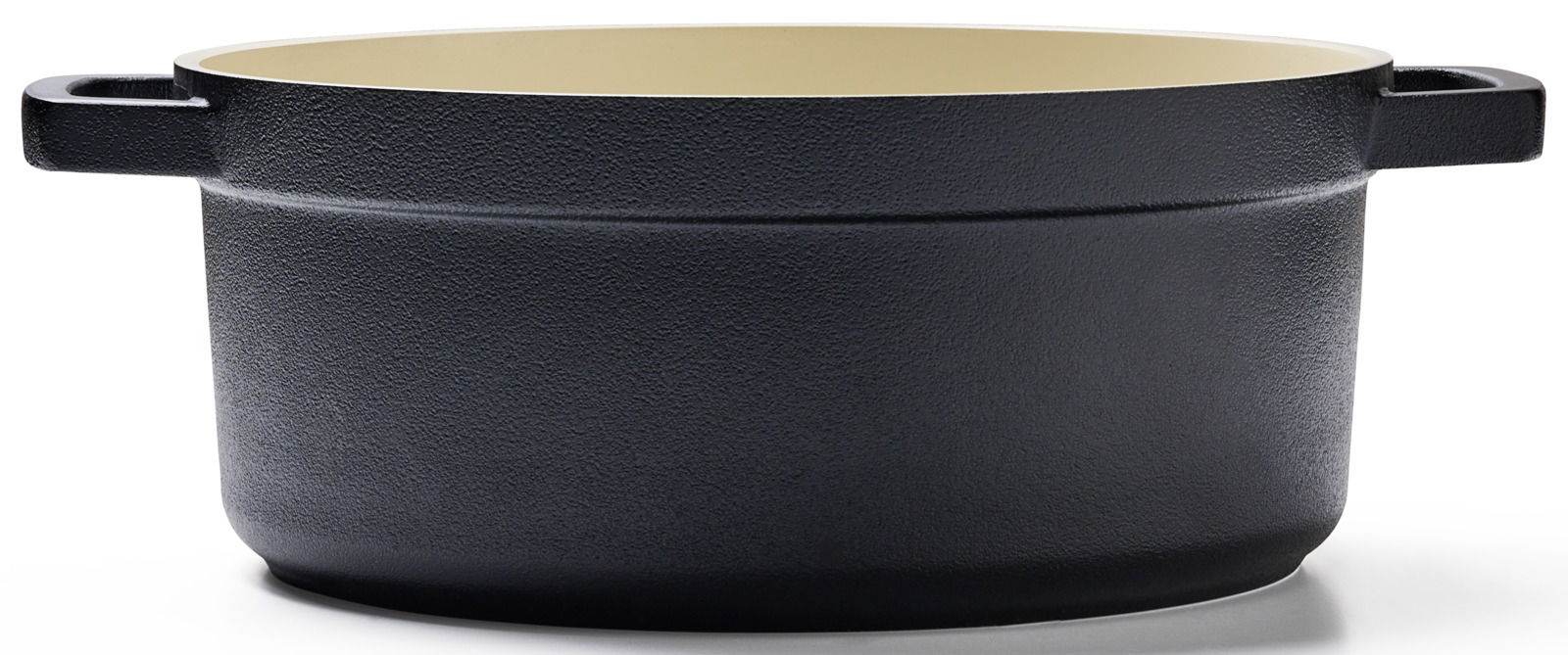 Schwarzer Kochtopf aus Gusseisen, seitliche Perspektive