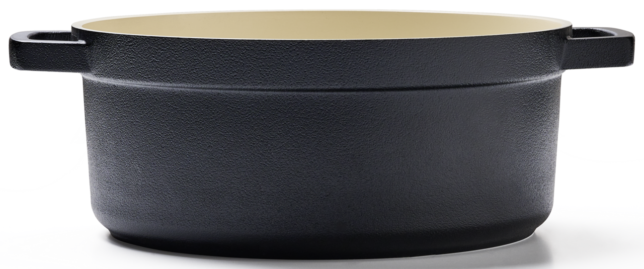 Schwarzer Kochtopf aus Gusseisen, seitliche Perspektive