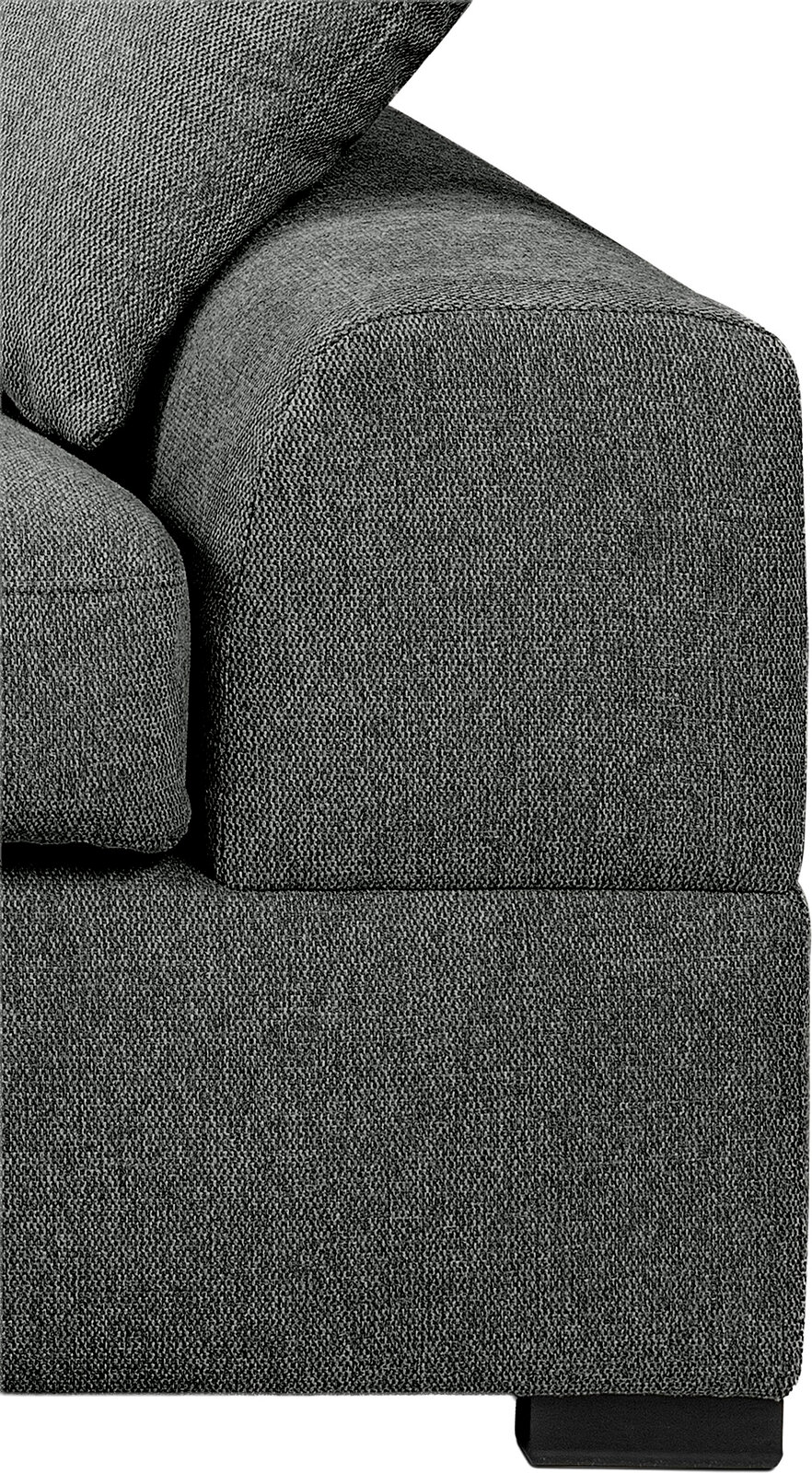 Nahaufnahme einer dunkelgrauen Stoffcouch mit Armlehne und Sitzpolster, Seitenansicht von rechts