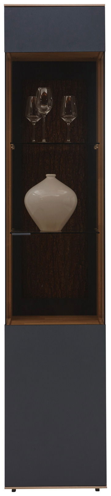 Vitrine mit Gläsern und Vase, Frontalansicht