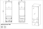 Zeichnung eines Mediumschranks mit den Maßen Breite: 36 cm, Höhe: 111 cm, Tiefe: 34 cm, in Vorder- und Seitenansicht.
