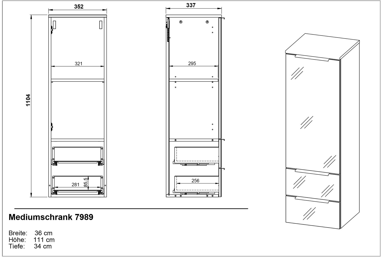 Zeichnung eines Mediumschranks mit den Maßen Breite: 36 cm, Höhe: 111 cm, Tiefe: 34 cm, in Vorder- und Seitenansicht.