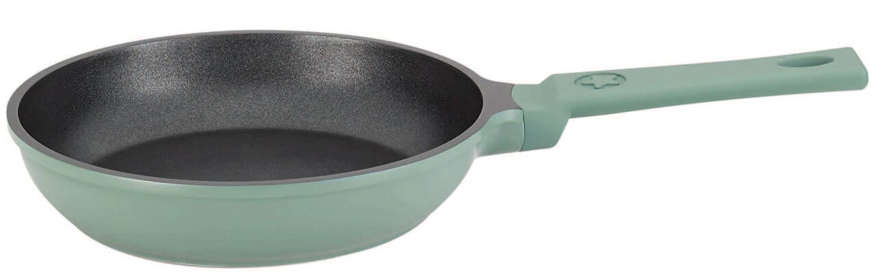 Spring CLASSIC Mini Bratpfanne CLASSIC 18 cm in seitlicher Perspektive mit grünem Griff und antihaftbeschichteter Innenfläche.