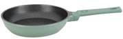 Mini Bratpfanne CLASSIC 18 cm in seitlicher Perspektive mit grünem Griff und antihaftbeschichteter Innenfläche.