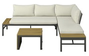 Loungeset met crèmekleurige kussens en houten details, vooraanzicht