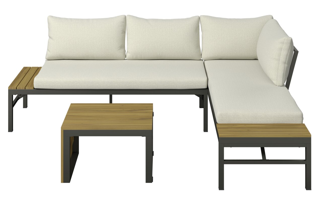 Loungeset met crèmekleurige kussens en houten details, vooraanzicht