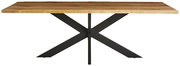 Moderner Esstisch aus Holz mit schwarzem Metallgestell in X-Form, Frontalansicht.