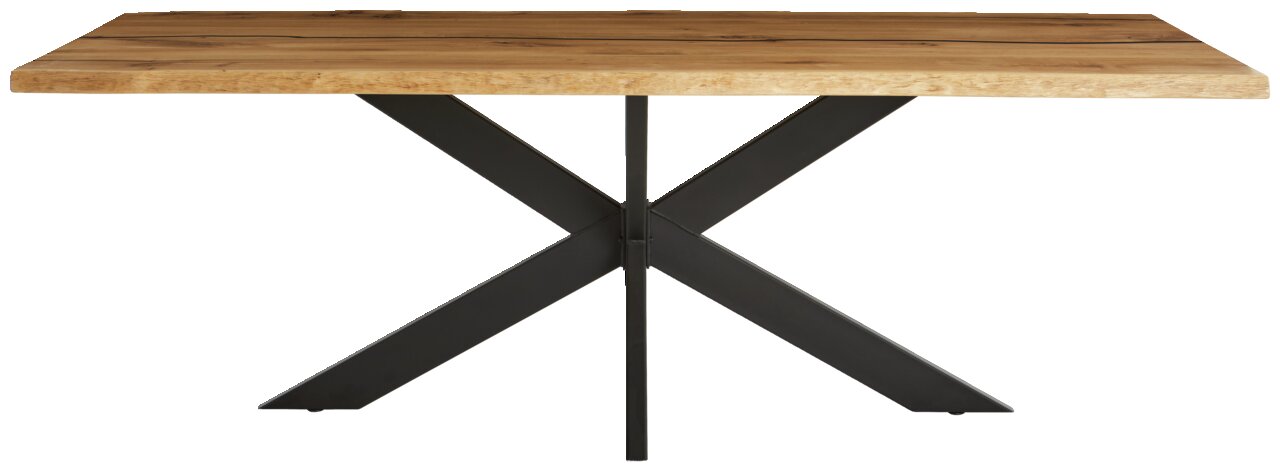 Moderner Esstisch aus Holz mit schwarzem Metallgestell in X-Form, Frontalansicht.