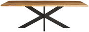 Moderner Esstisch aus Holz mit schwarzem Metallgestell in X-Form, Frontalansicht.