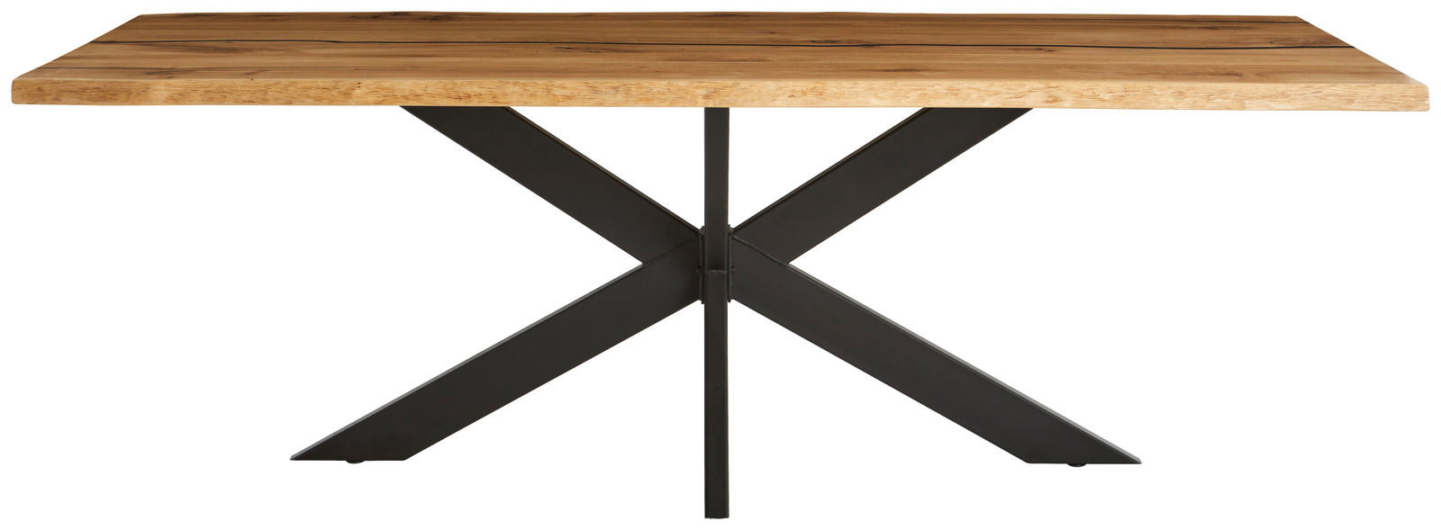 Moderner Esstisch aus Holz mit schwarzem Metallgestell in X-Form, Frontalansicht.