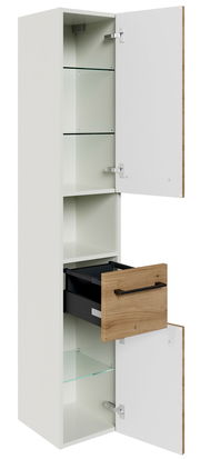 Hochschrank mit zwei geöffneten Türen und einer ausgezogenen Schublade, Perspektive von vorne.