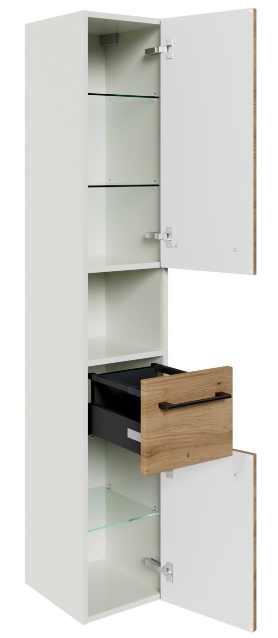 Hochschrank mit zwei geöffneten Türen und einer ausgezogenen Schublade, Perspektive von vorne.