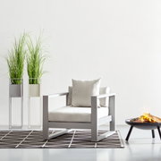 Moderne loungestoel in een lichte kleurstelling, van voren gefotografeerd, naast twee hoge planten en een vuurschaal.