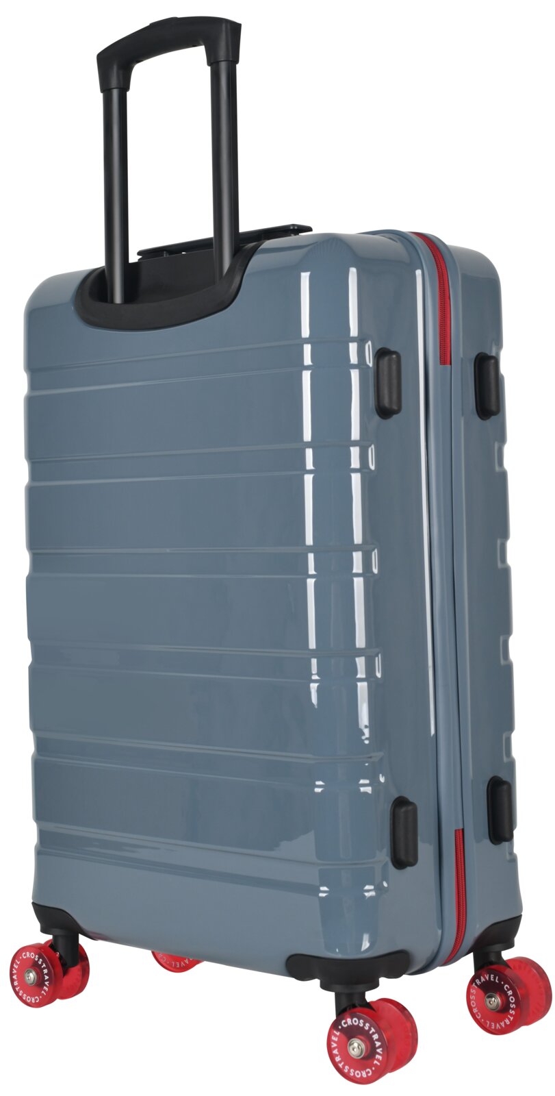 Glanzende hardcase rolkoffer in blauwgrijs met uitschuifbare zwarte trekstang, rode rits en vier rode zwenkwielen, gefotografeerd schuin van voren (driekwartaanzicht) op witte achtergrond