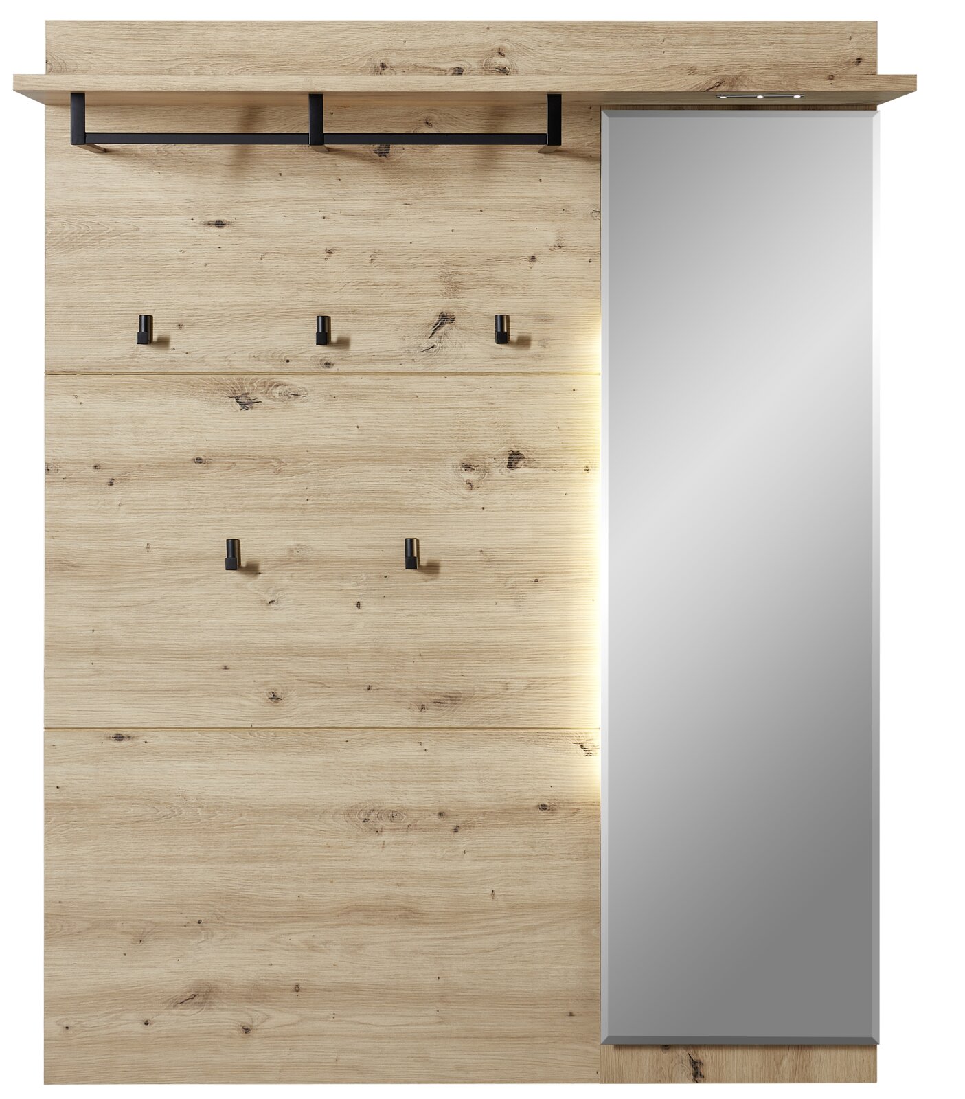 Garderoben-Set aus Holz mit Spiegel, Haken und Ablage, frontale Ansicht