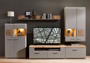 Moderne Wohnwand in grauem Design mit Holzdetails, bestehend aus einem TV-Schrank, zwei Vitrinen und einem Wandregal, frontal betrachtet.