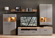 Moderne Wohnwand in grauem Design mit Holzdetails, bestehend aus einem TV-Schrank, zwei Vitrinen und einem Wandregal, frontal betrachtet.