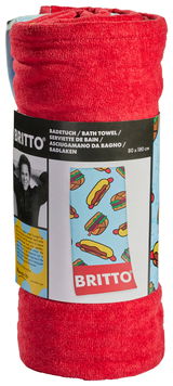 Rotes Britto Velourstuch mit Hotdog-Muster, aufgerollt, Vorderansicht