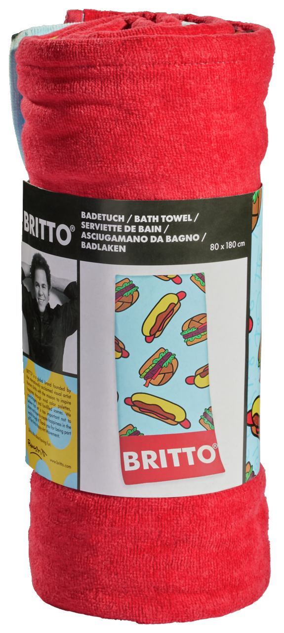 Rotes Britto Velourstuch mit Hotdog-Muster, aufgerollt, Vorderansicht
