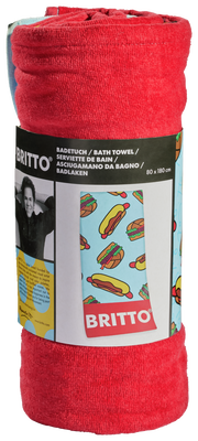 Rotes Britto Velourstuch mit Hotdog-Muster, aufgerollt, Vorderansicht