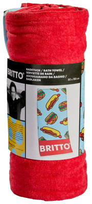 Rode Britto-veloursdoek met hotdog-motief, opgerold, vooraanzicht
