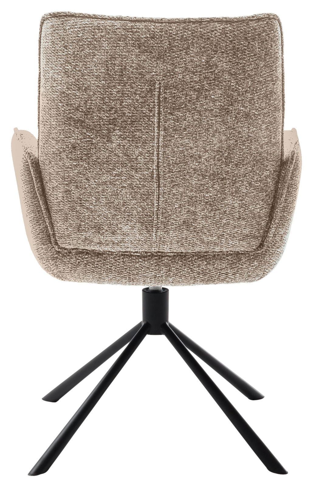 Rückansicht eines Armlehnstuhls mit Stoffbezug und schwarzem Metallgestell