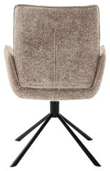 Rückansicht eines Armlehnstuhls mit Stoffbezug und schwarzem Metallgestell