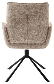 Rückansicht eines Armlehnstuhls mit Stoffbezug und schwarzem Metallgestell