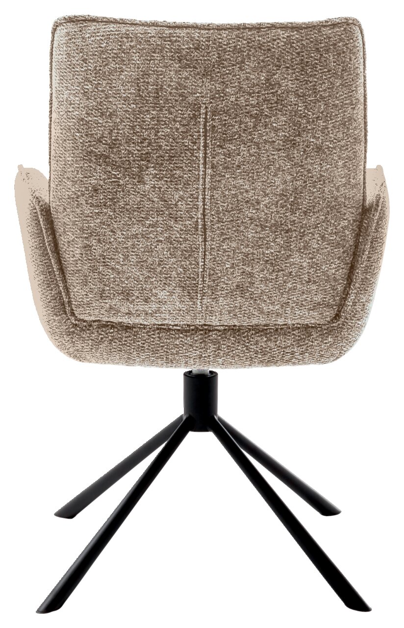 Rückansicht eines Armlehnstuhls mit Stoffbezug und schwarzem Metallgestell