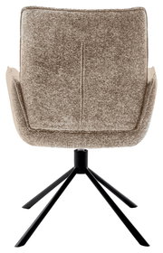 Rückansicht eines Armlehnstuhls mit Stoffbezug und schwarzem Metallgestell