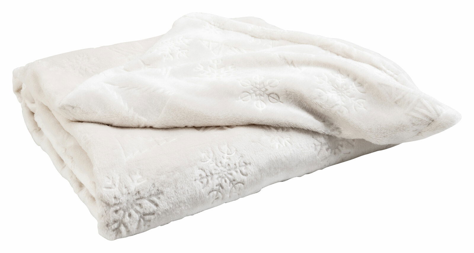 StepOne Wohndecke XMAS Weiche, weiße Wohndecke mit Schneeflockenmuster, gefaltet und aus einer seitlichen Perspektive fotografiert.