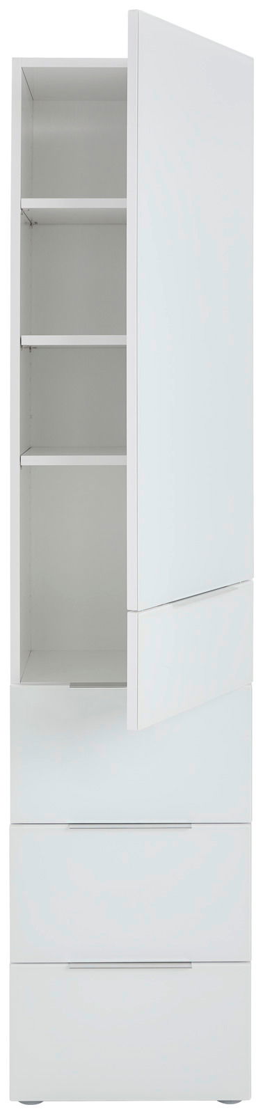 Schmaler weißer Mehrzweckschrank mit einer Tür und drei Schubladen, teilweise geöffnet, Frontalansicht