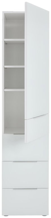Schmaler weißer Mehrzweckschrank mit einer Tür und drei Schubladen, teilweise geöffnet, Frontalansicht