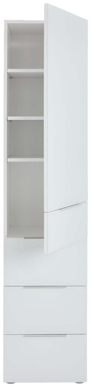 Schmaler weißer Mehrzweckschrank mit einer Tür und drei Schubladen, teilweise geöffnet, Frontalansicht