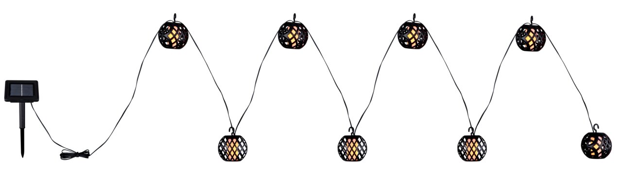 Solarbetriebene Lichterkette mit dekorativen Lampions, seitliche Perspektive