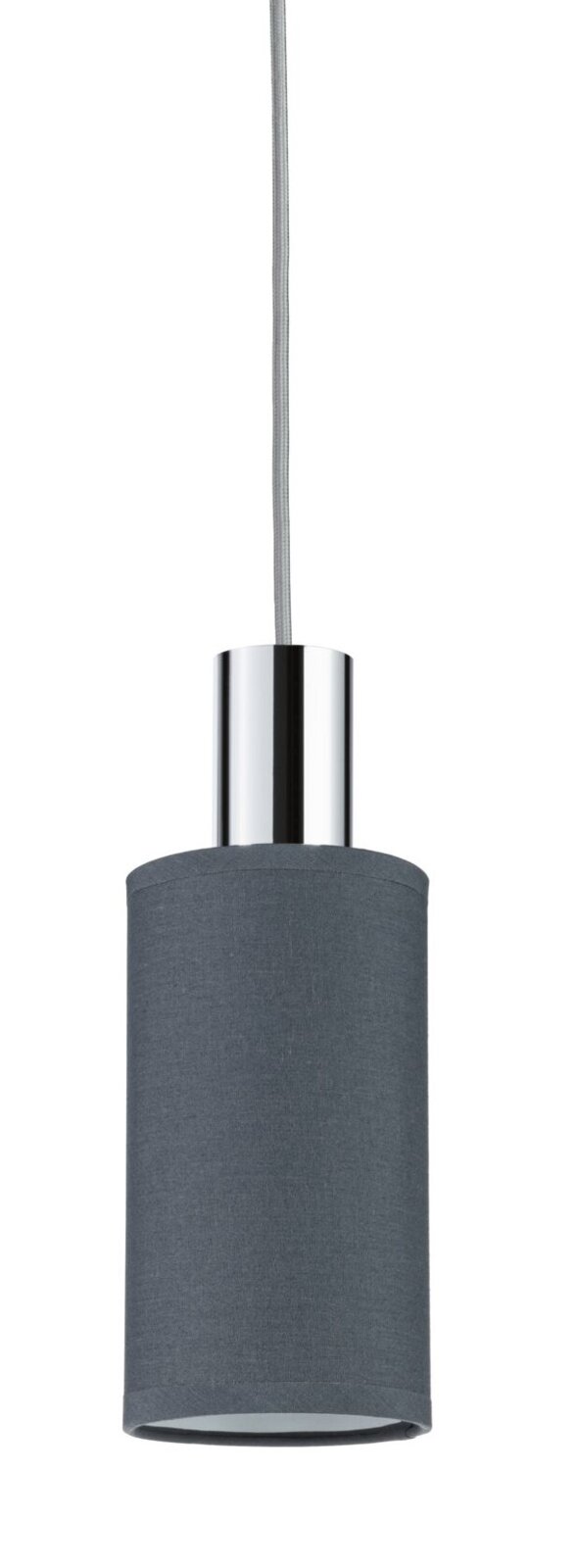 Hängelampe mit grauem Stoffschirm und silbernem Metallgehäuse, seitliche Perspektive